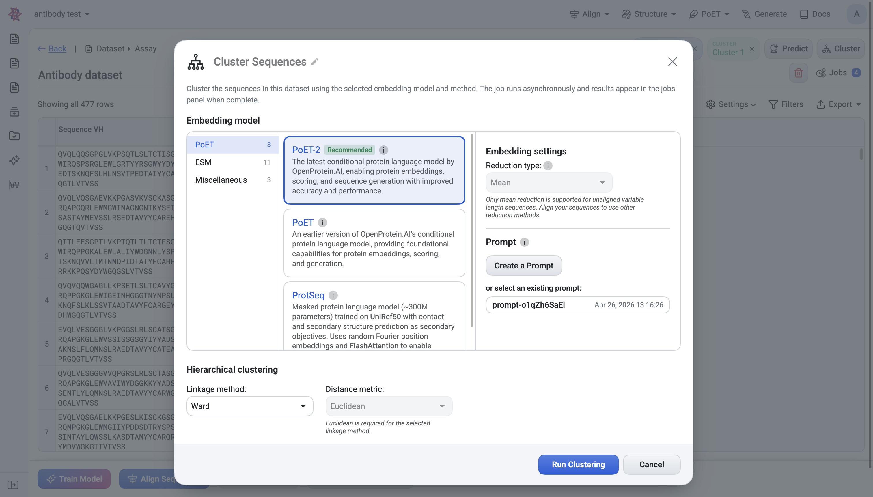 New clustering dialog with embedding model, reduction, linkage, and metric options