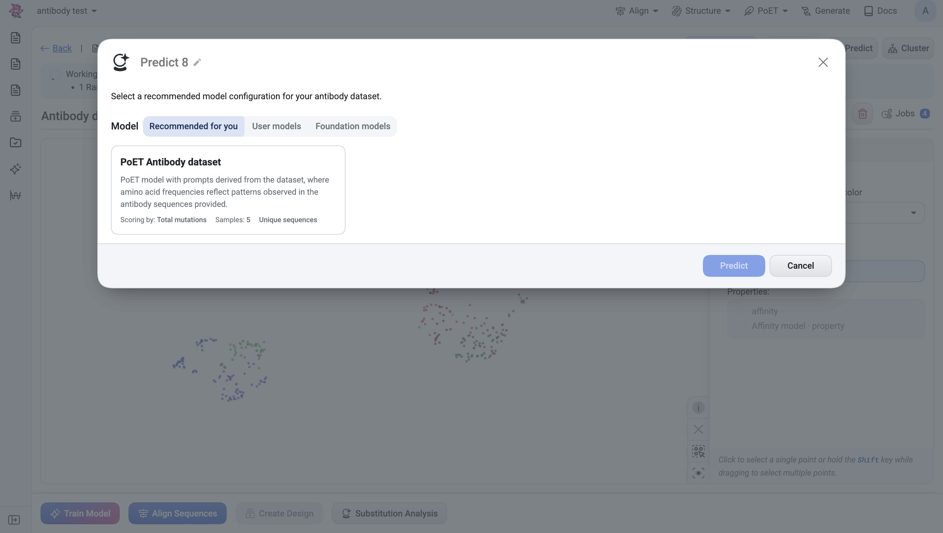 Predict dialog with model categories and prompt selector