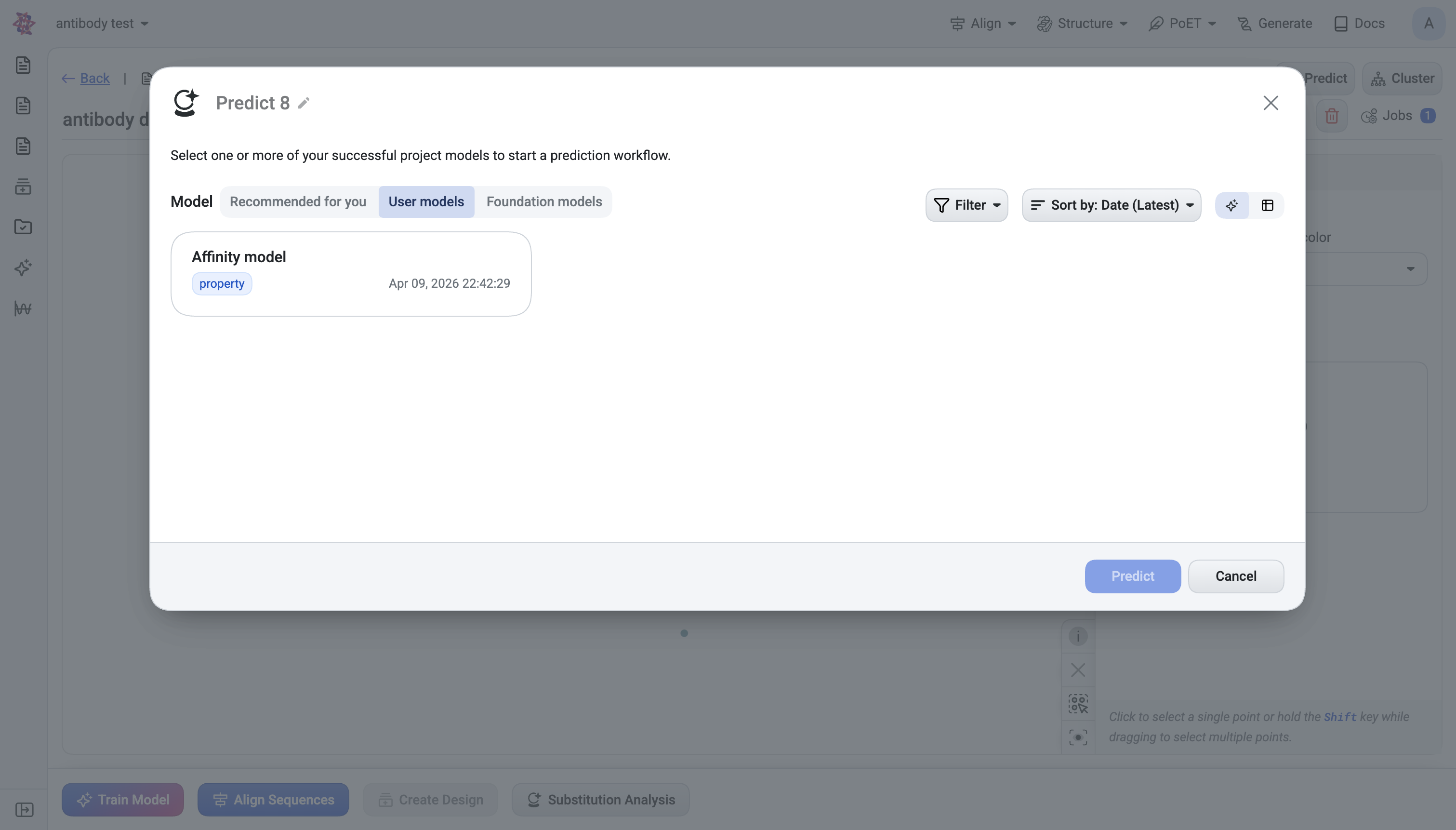 Predict dialog with model categories and prompt selector