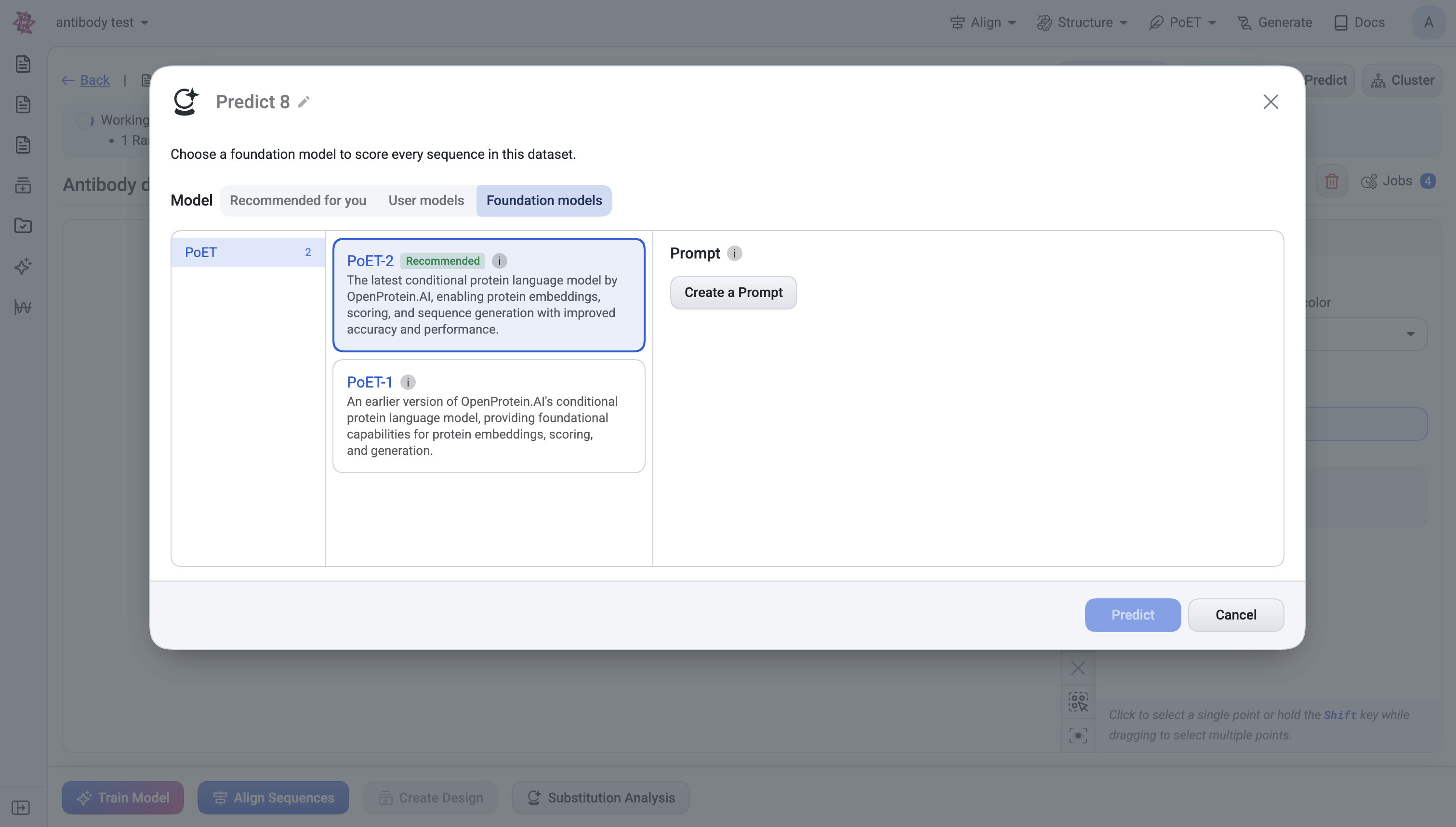 Predict dialog with model categories and prompt selector