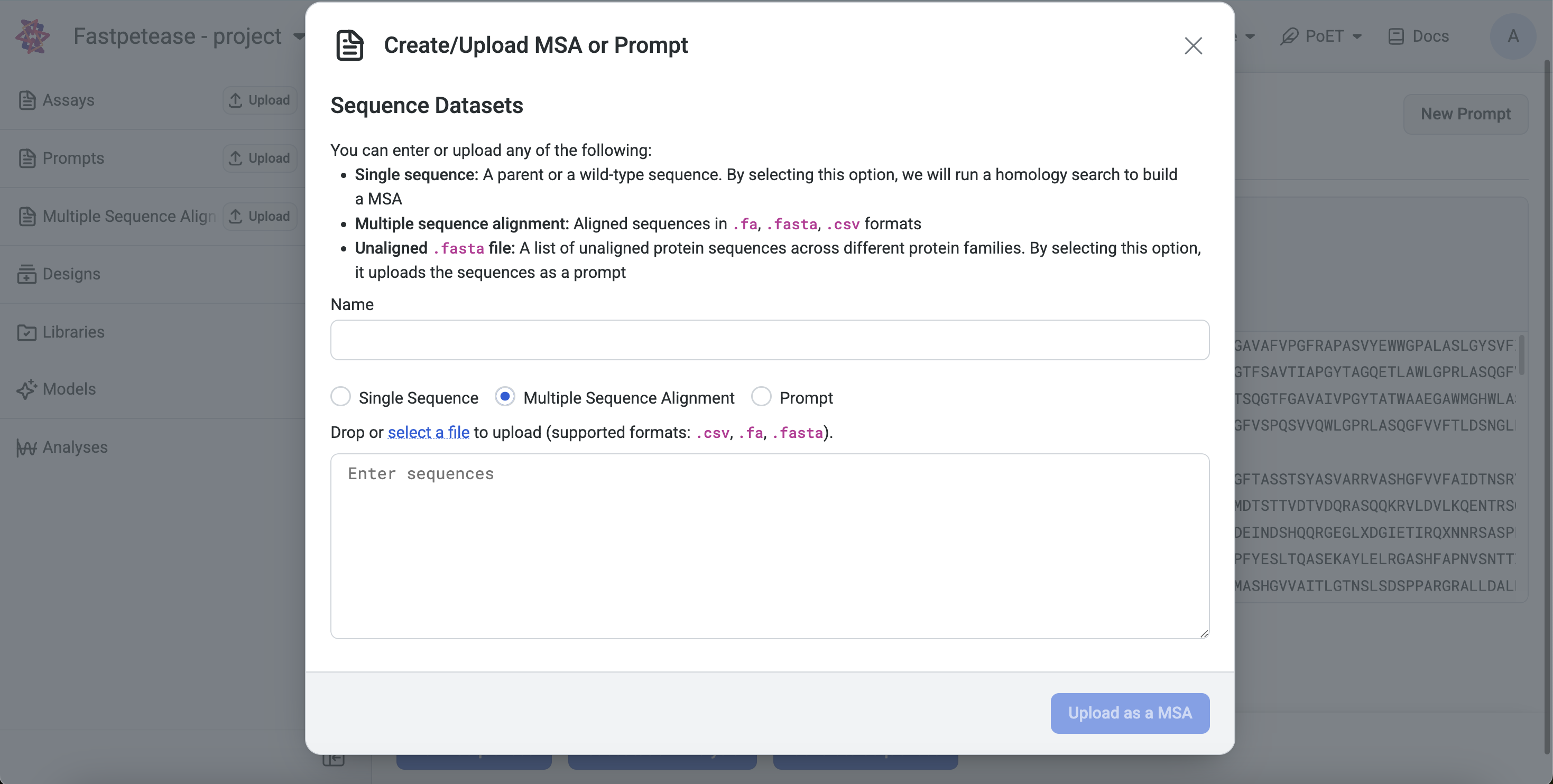 Uploading MSA popup within a project