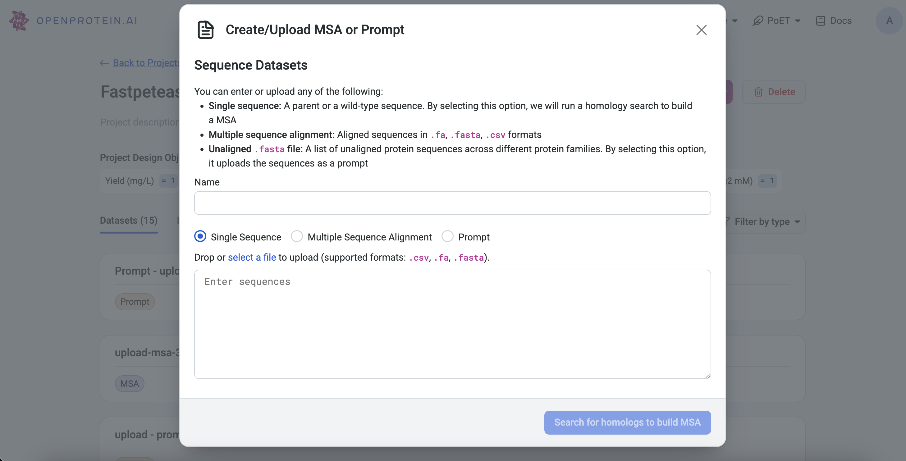 Uploading MSA on project page