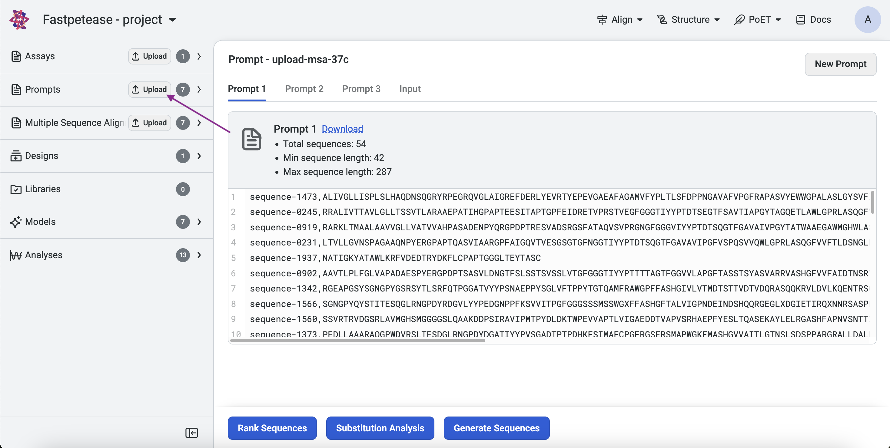 Uploading prompt within a project