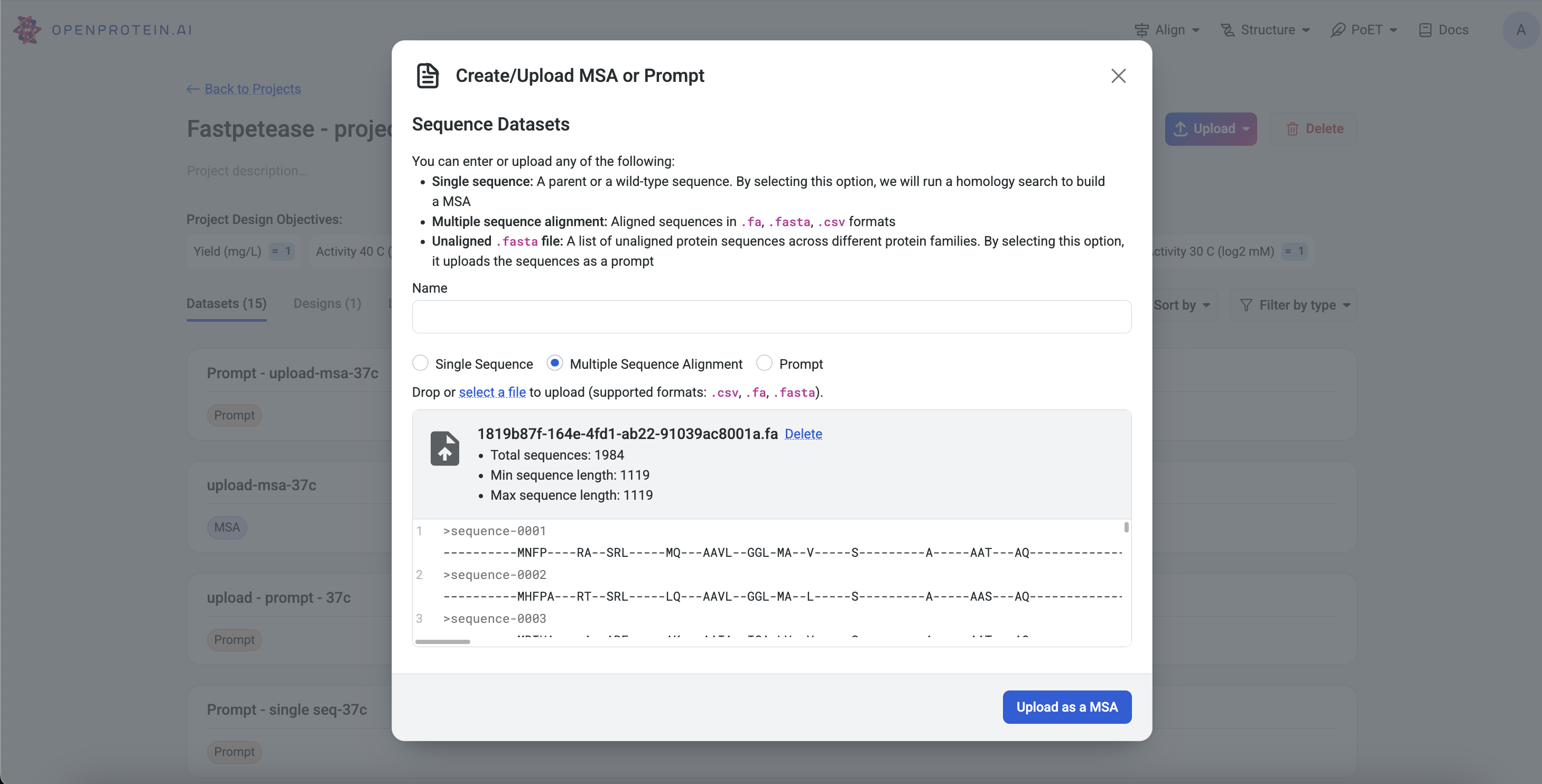 Uploading MSA popup on project page