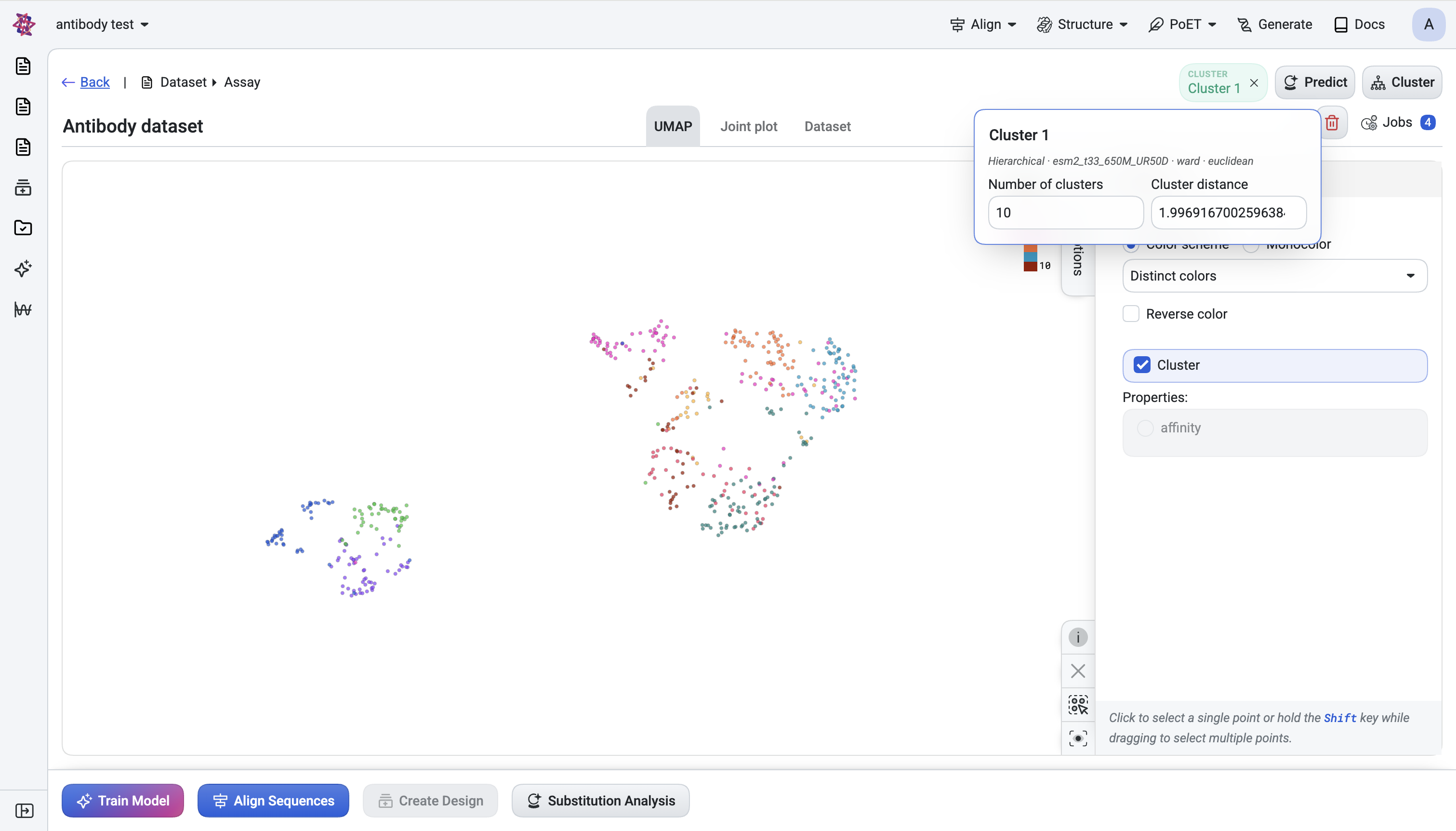UMAP coloured by Cluster Number, and the same UMAP coloured by a prediction score